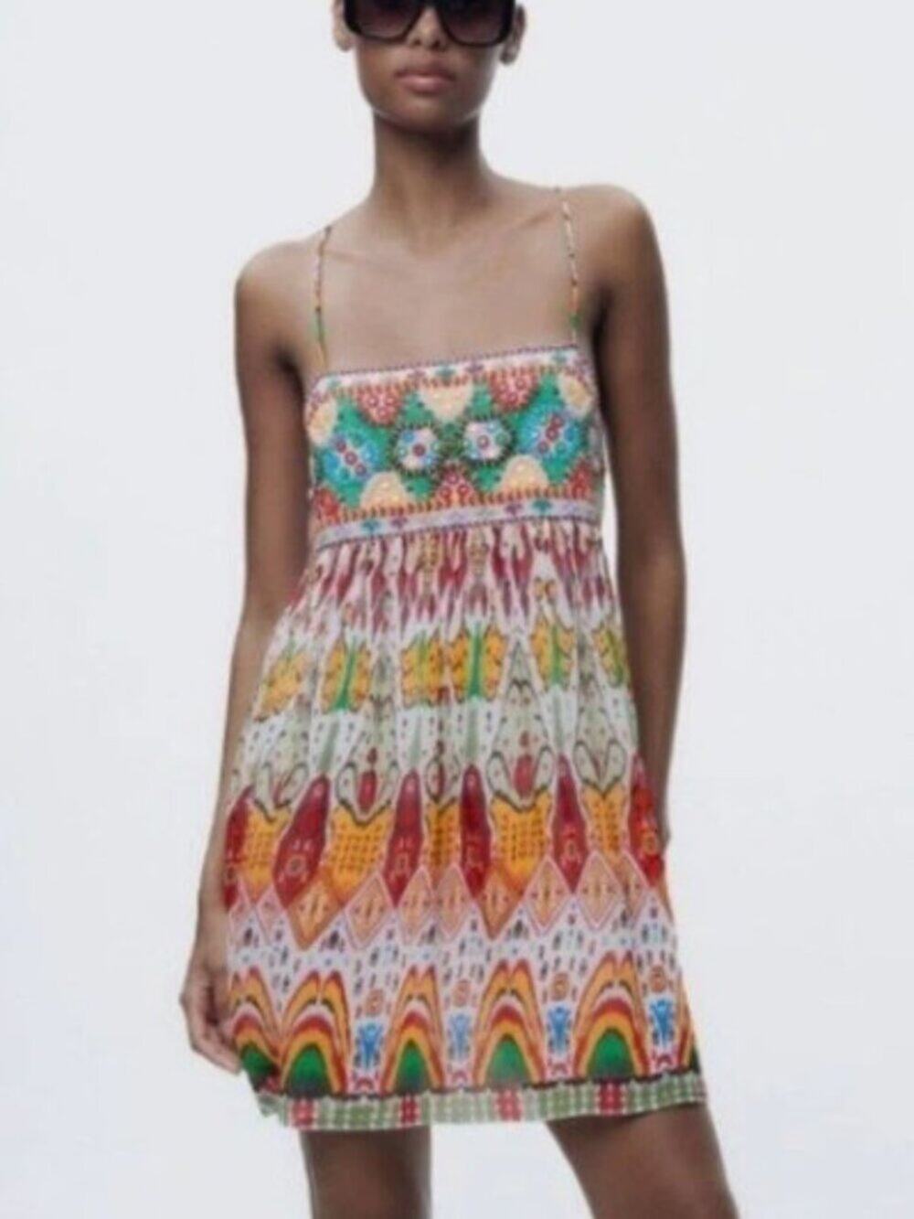 ZARA Brand NWT Size Medium Geometric Print Straight Neck Embroidered Mini Dress